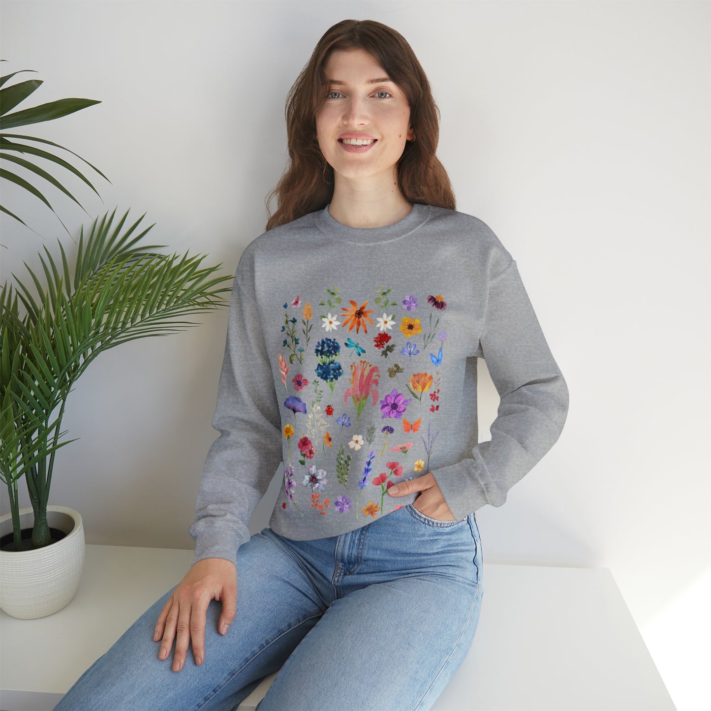 Botanical Flower Unisex Crewneck Sweatshirt, gardening sweatshirt, plant lover, nature lover, ladybug, butterfly, sunflower, lavender, daisy girl, women, teen